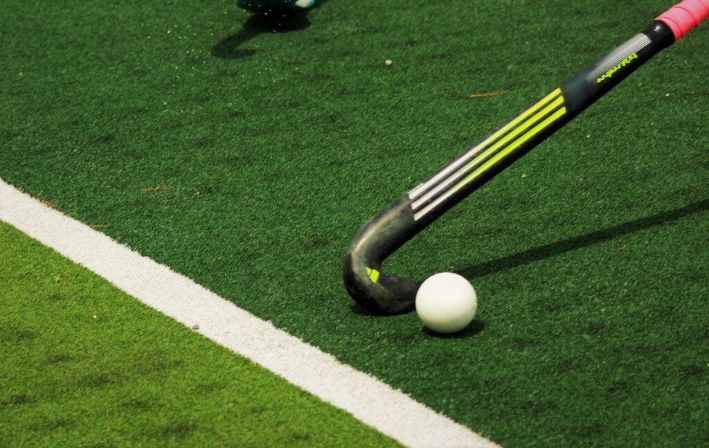 Field hockey stick and ball.