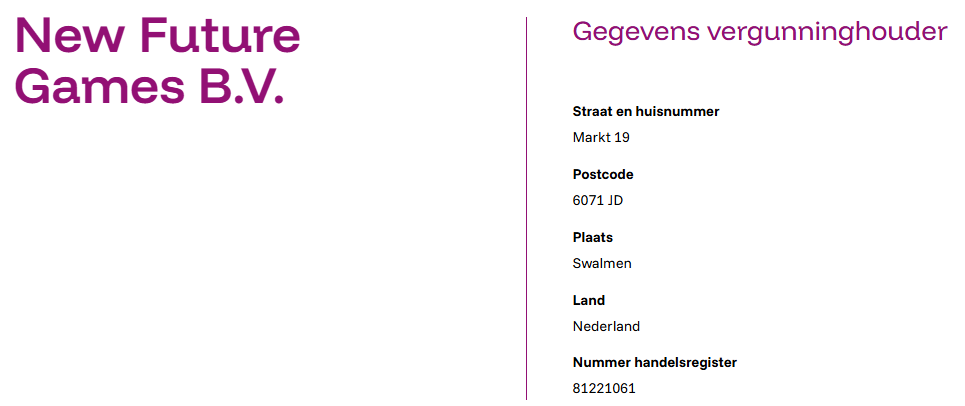 Gegevens vergunninghouder New Future Games B.V. in de Kansspelwijzer